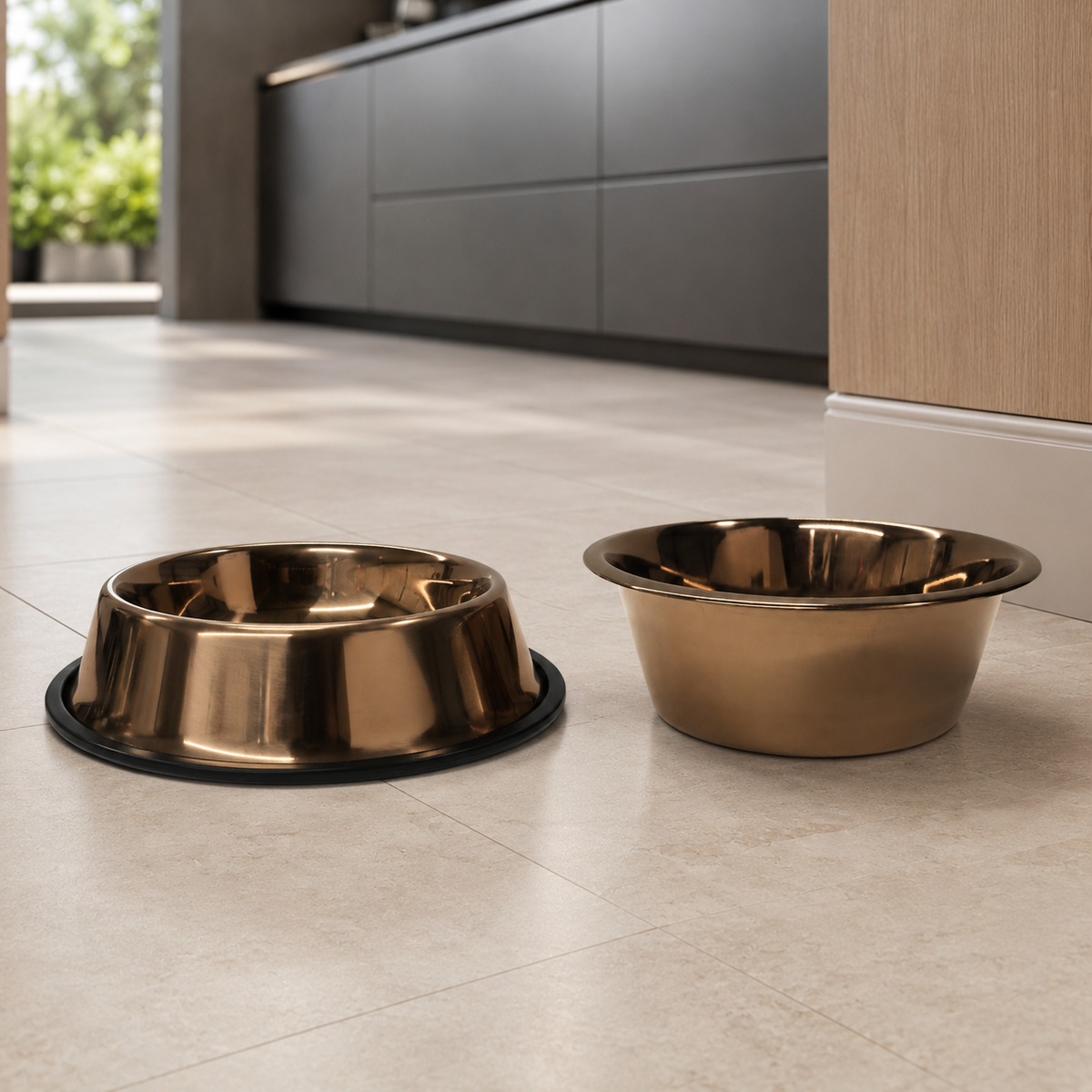 CuBowl No-Tip and Classic copper-finished water bowls in a modern home